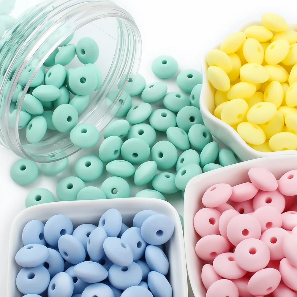 Teething Toys 50Pcs 12mm Baby Silicone Beads Baby Lentils Beads Teether Teething Toys Pacifier Chain DIY Necklace Jewelry Pearl Abacus