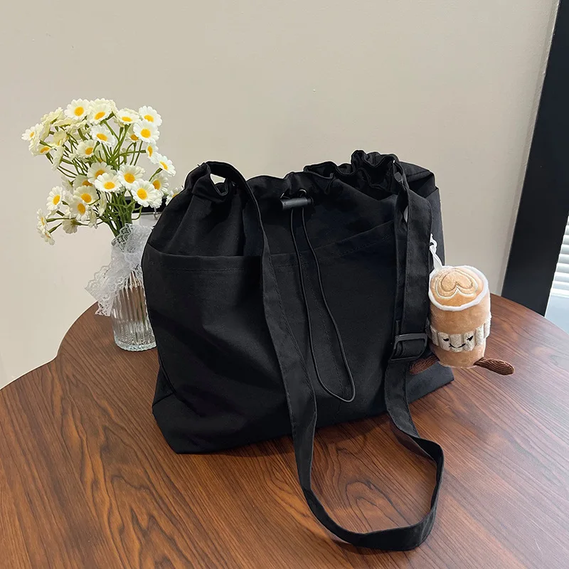 Washed Fabric Pleats Bucket Bag, Made Waterproof Nylon Drawstring Fold Cross Body Bags, Casual Versatile Shoulder Messenger Bag