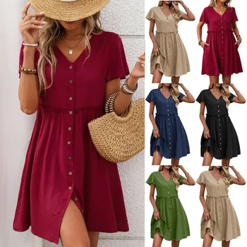 Spring Summer Button Down Dress Flutter Sleeve Cotton Linen A Line Dress With Pockets Beach Summer Knee Length Dresses For Women 1