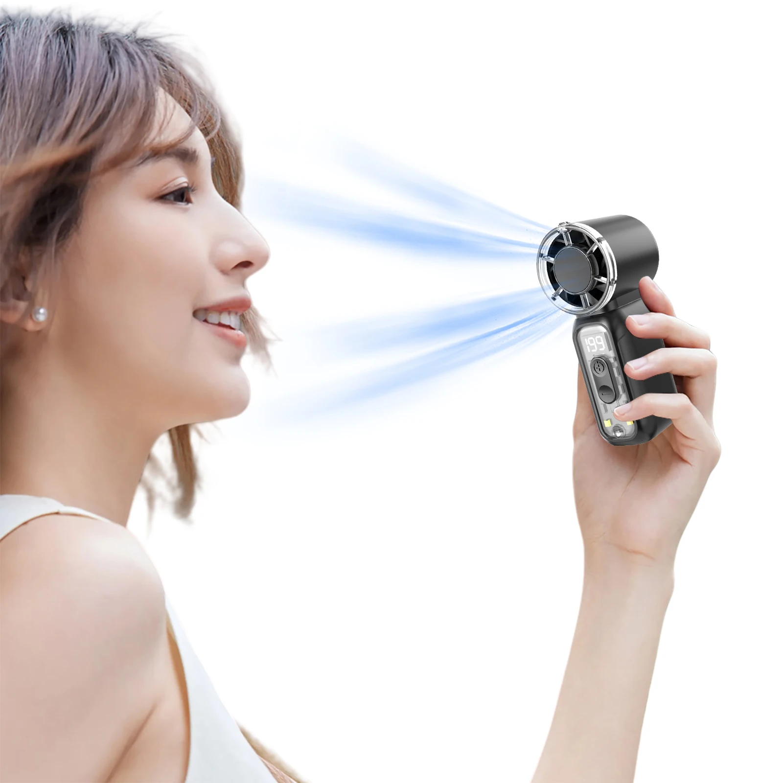 휴대용 터보 팬 199단 속도 조절 가능 충전식 냉풍기, 손전등 기능 포함, 야외 여행용, 여성 & 남성 선물용