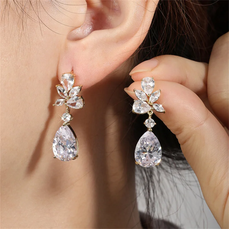 ZAKOL Wedding Earrings for Women Water Drop Cubic Zircon Dangle Earring Leaf Bridal Jewelry