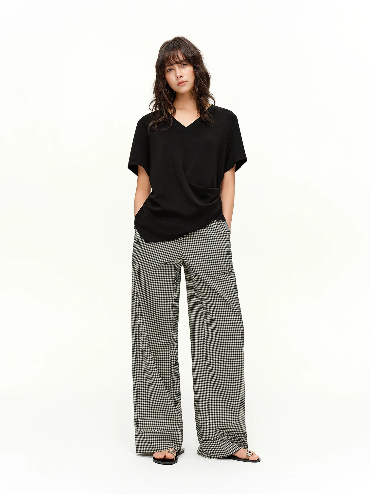 DUSHU 2026 Spring Women's Plaid Pattern Blend Straight Leg Pants - Acetate Commuter Style Trousers Elastic Waist for Office