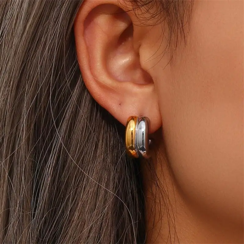 Gold&silver Mix Color Double Layer C Shape Stainless Steel Hoop Earrings Stainless Steel Huggie Ear Hoops Bicolor Punk Jewelry