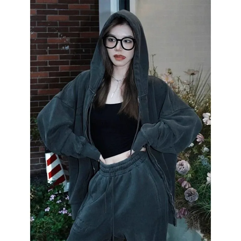 

Korea Hooded Hoodie Coat Pants Two-piece Set Women Fashion Drawstring Sport Thick Casual Elastic Solid Loose College Spring Suit