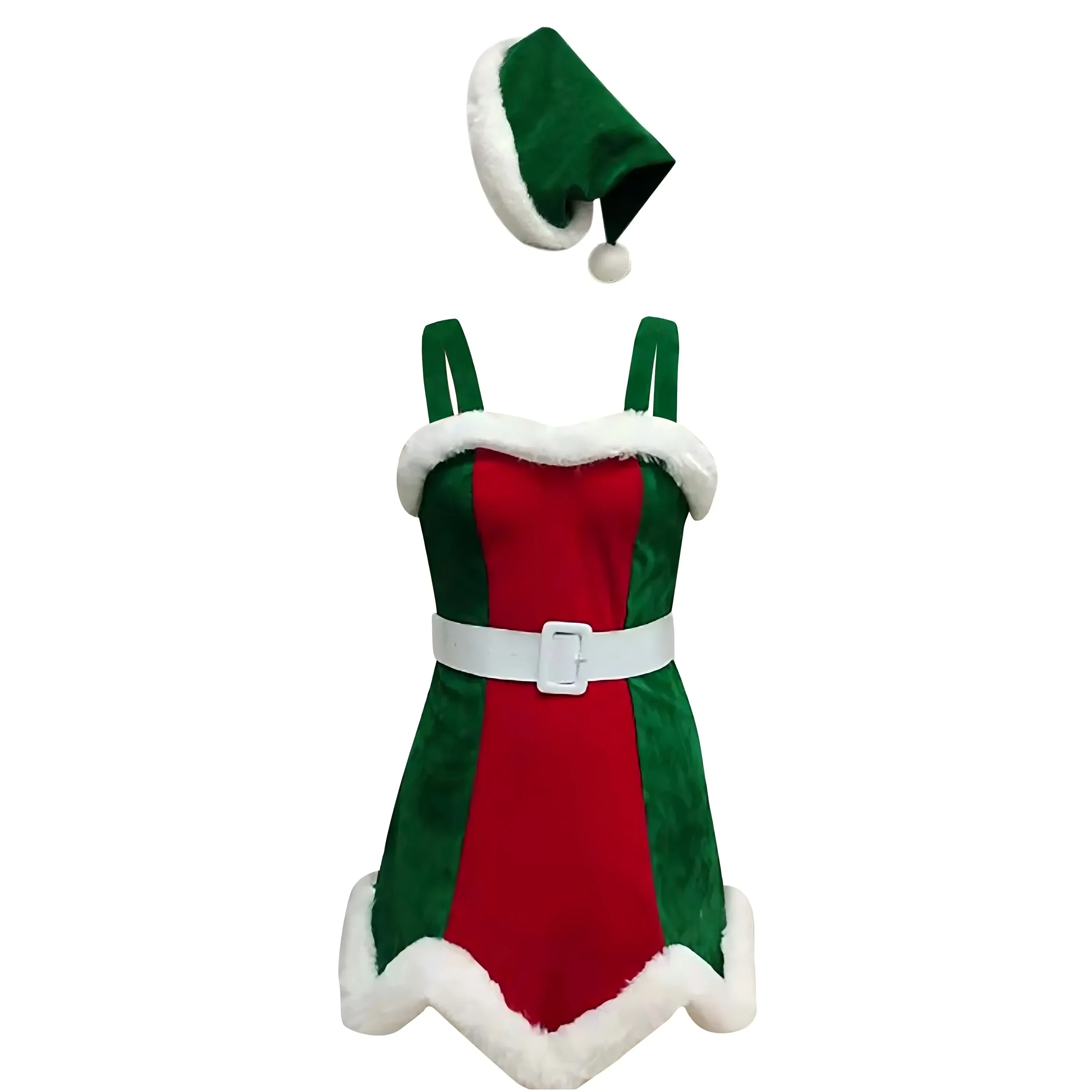 Women Christmas Costumes Sexy Sleeveless Green Red Elf Dress Belt Hat  Suit Carnival Xmas Party Dress Outfits