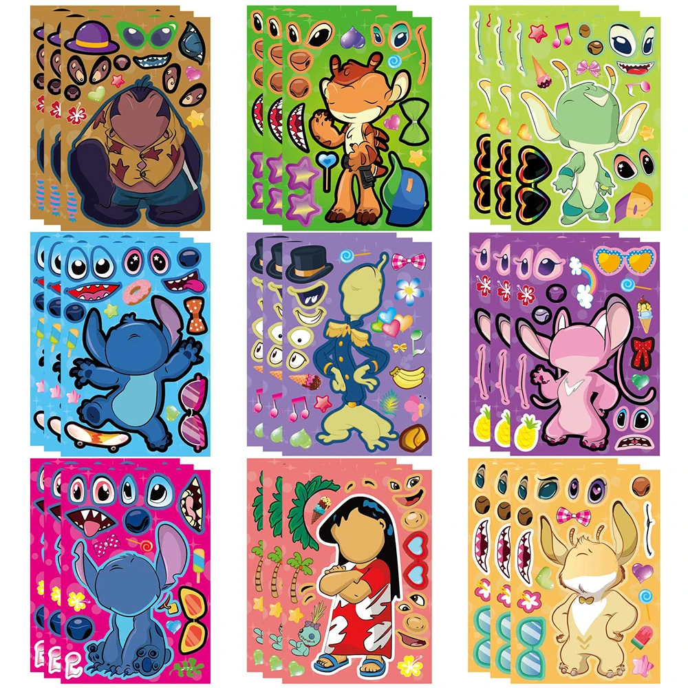 9/18Sheets Disney Cartoon Stitch Puzzle Stickers Anime Make-a-Face Children DIY Assemble Jigsaw Toys For Girls Party Game Gifts