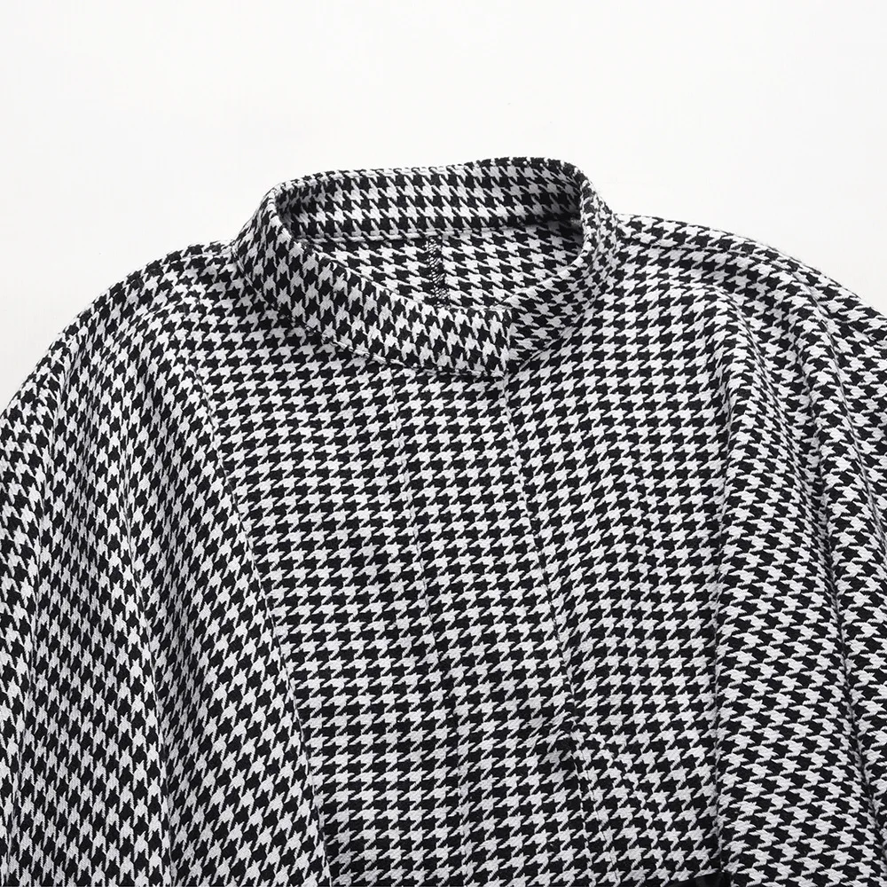 Coat Fashion Hounds tooth Print Half-high Collar Lace Up Bat Wing Elegant Women's Clothing.  One -Size picture