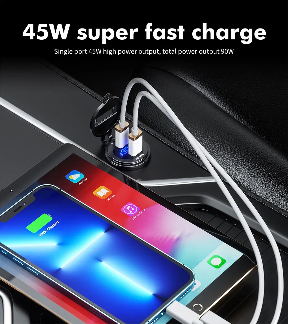 USB Car Charger 45W with Dual USB-A and Single USB-C Gray