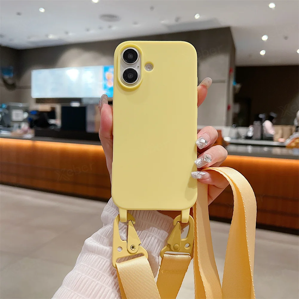 Étui de téléphone en silicone mat avec lanière large et collier bandoulière pour iPhone 16 15 14 Pro Max 13 12 11 XR XS MAX Housse mate antichoc_voghion.com