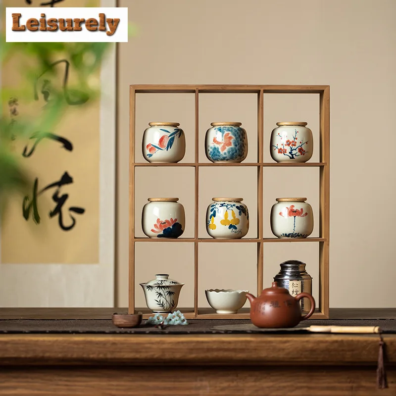 225ml Hand-painted Lotus Tea Box Organizer Japanese Grass Wood Gray Storage Tank Containers Tea Caddy Dahongpao Cha Decoration