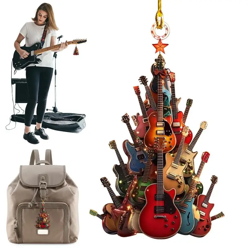 Rock Guitar Christmas Tree Shaped Decor Pendant 2D Flat Acrylic Guitar Xmas Tree Bag Car Pendant For Lovers
