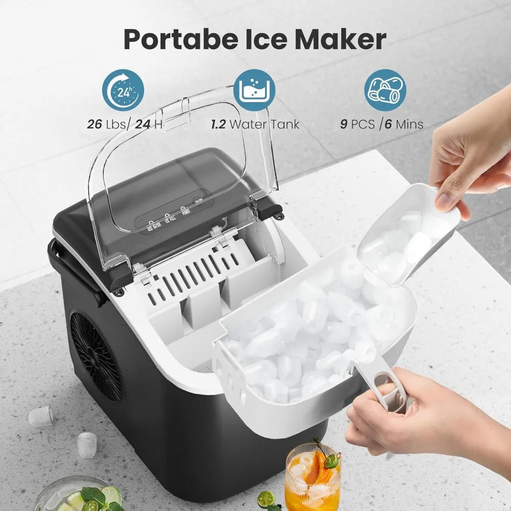 Ice Makers Countertop,Portable Ice Maker Machine with Handle,Self-Cleaning Maker, 26Lbs/24H
