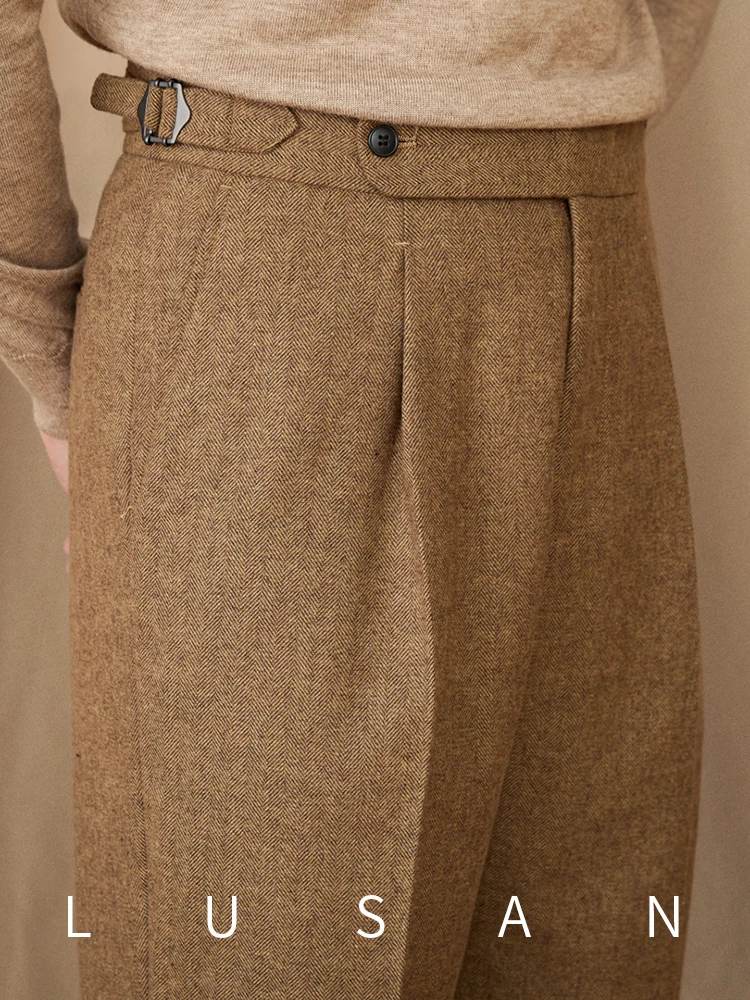 40% Wool Winter Thick Warm Naples Casual High Waist Straight Pants Commuter Retro Men casual pants