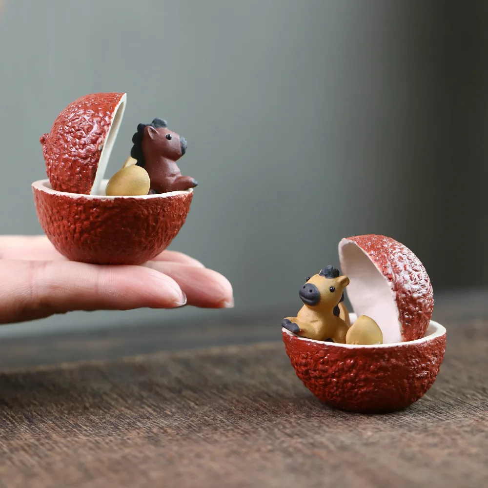 퍼플 클레이 티 펫 말 모양 소형 장식품 창의적인 과일 리치 차 세트 테이블 액세서리 세라믹 장식품