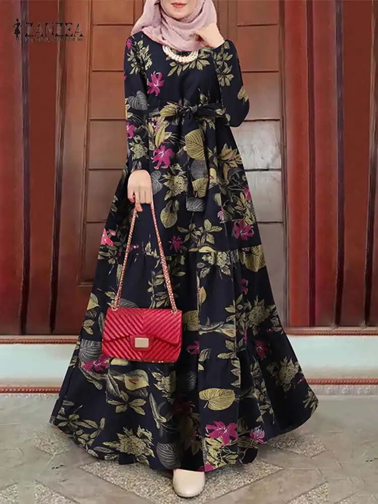 

Autumn Flroal Printed Dubai Turkey Abaya Hijab Dress ZANZEA Vintage Ramadan Women Long Sleeve Muslim Dress Jilbab Robe Femme
