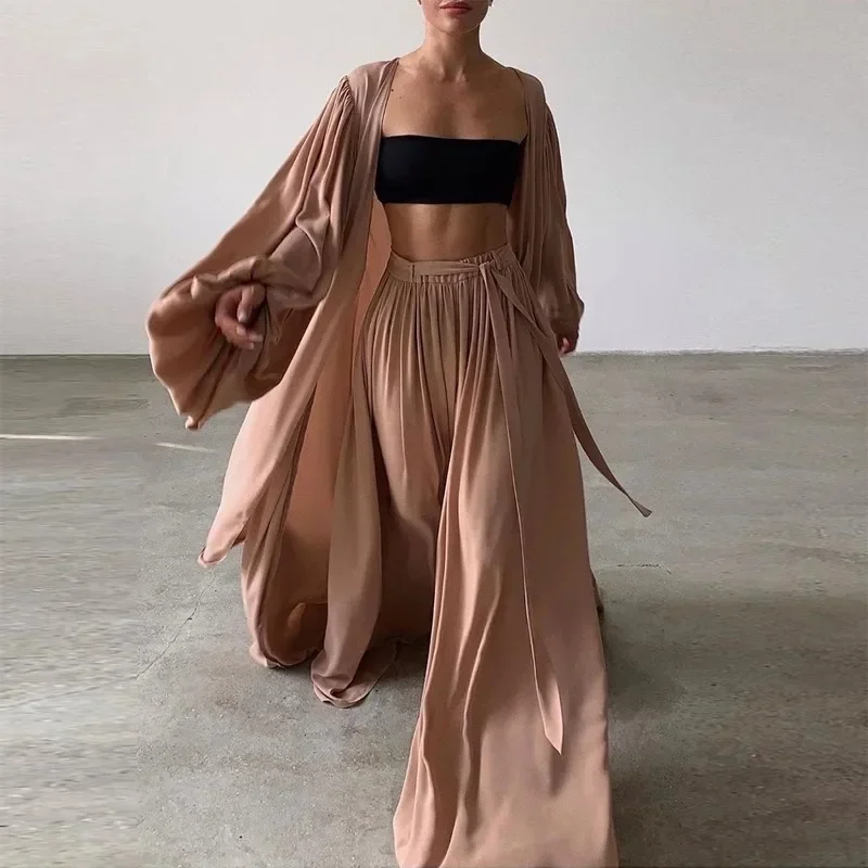 Women 3 Piece Sets Fashion Casual Lantern Sleeve Cardigan Tops+Wide Leg Pants Suits Lady Spring Soft Three Piece Outfit OFE07