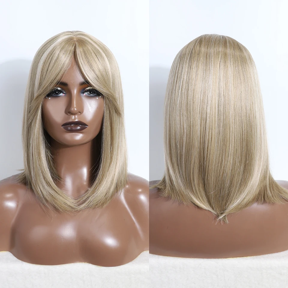 Synthetic Wig Synthetic Middle Straight Bob Wigs with Bangs Light Blonde Natural Hair for Women Daily Cosplay Heat Resistant Fiber