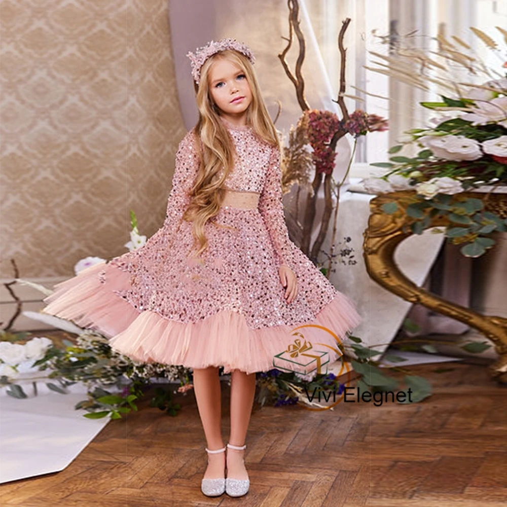 

Pink Full Sleeve Flower Girls Dresses with Squined 2023 Knee Length Christmas Gowns Soft Tulle Summer Tutu فلور فتاة اللباس 2024