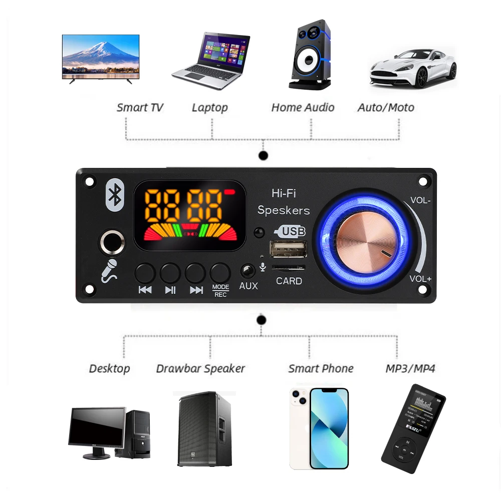 스테레오 앰프 블루투스 5.0 MP3 디코더 보드, 160W Mp3 오디오 플레이어, 자동차 FM 라디오 모듈, TF USB 마이크 레코드 통화, 2*80W, 8-24V