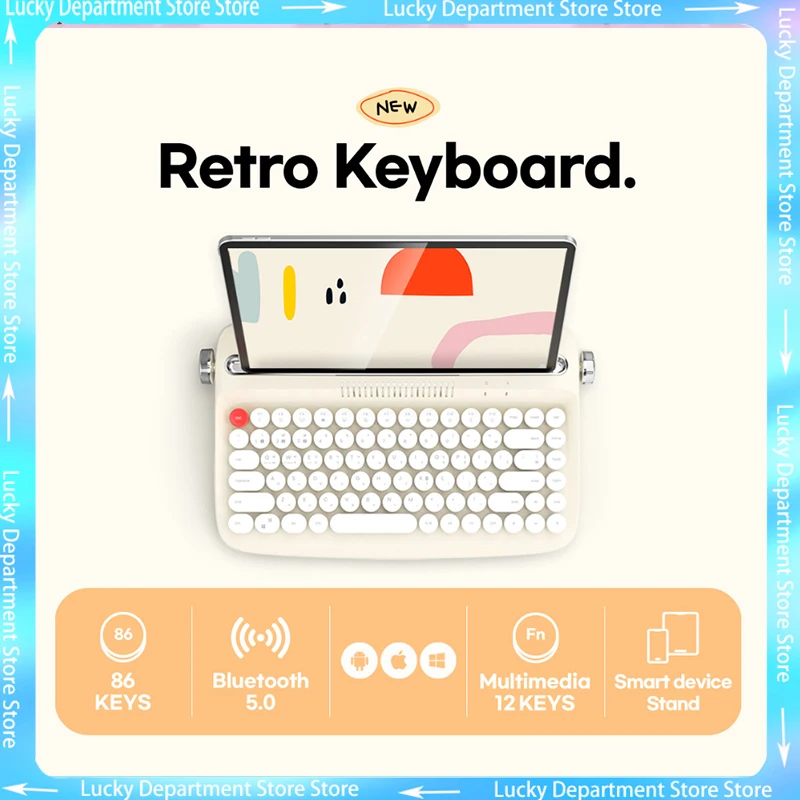 

Bluetooth Wireless Office Typewriter Feels Good Keyboard Tablet Fashion Retro Round Keycap Girls Working Atmosphere Gift English