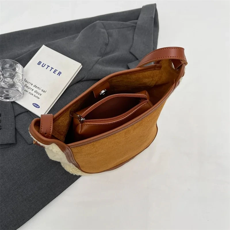 2023 New Trend Winter 2 Pcs/set Fashion Women's Simple Big Leather Lambhair Shoulder Bag Ladies Large Capacity Handbags Purse