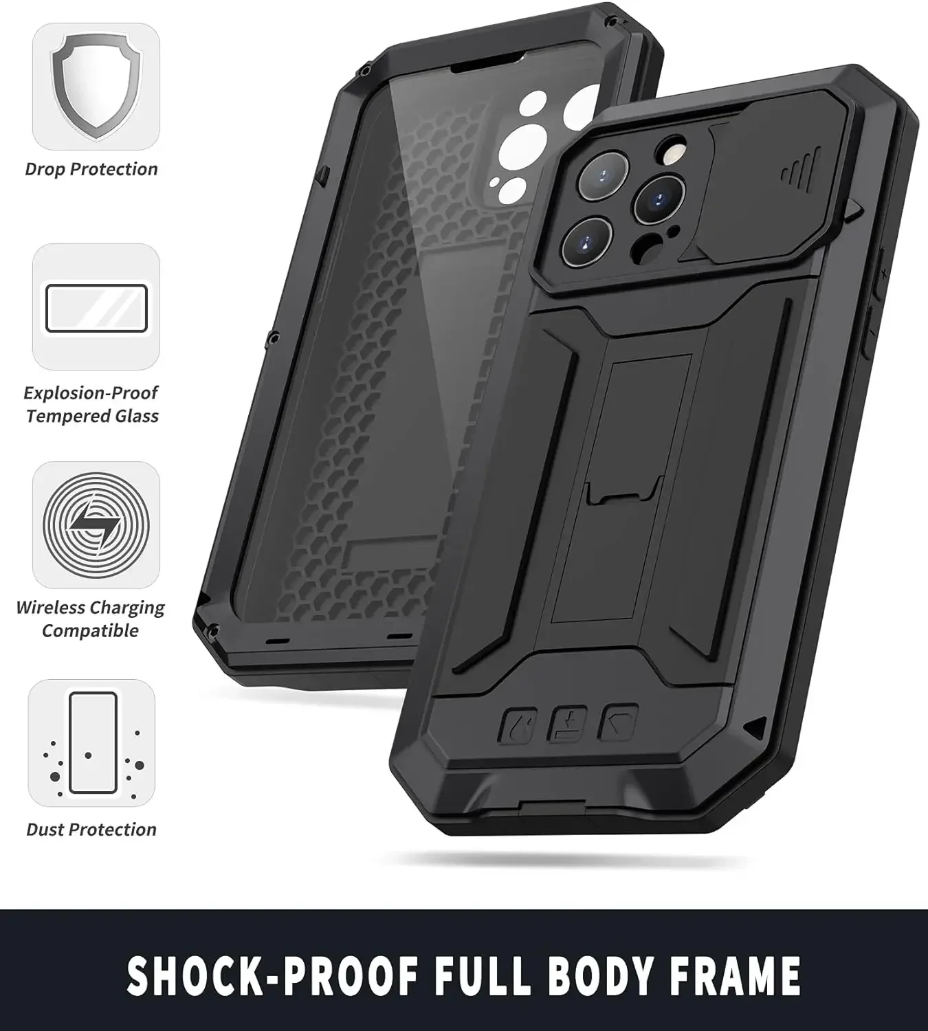 Rugged Aluminum Metal Armor Bumper Phone Case with Shockproof Glass Screen Protector