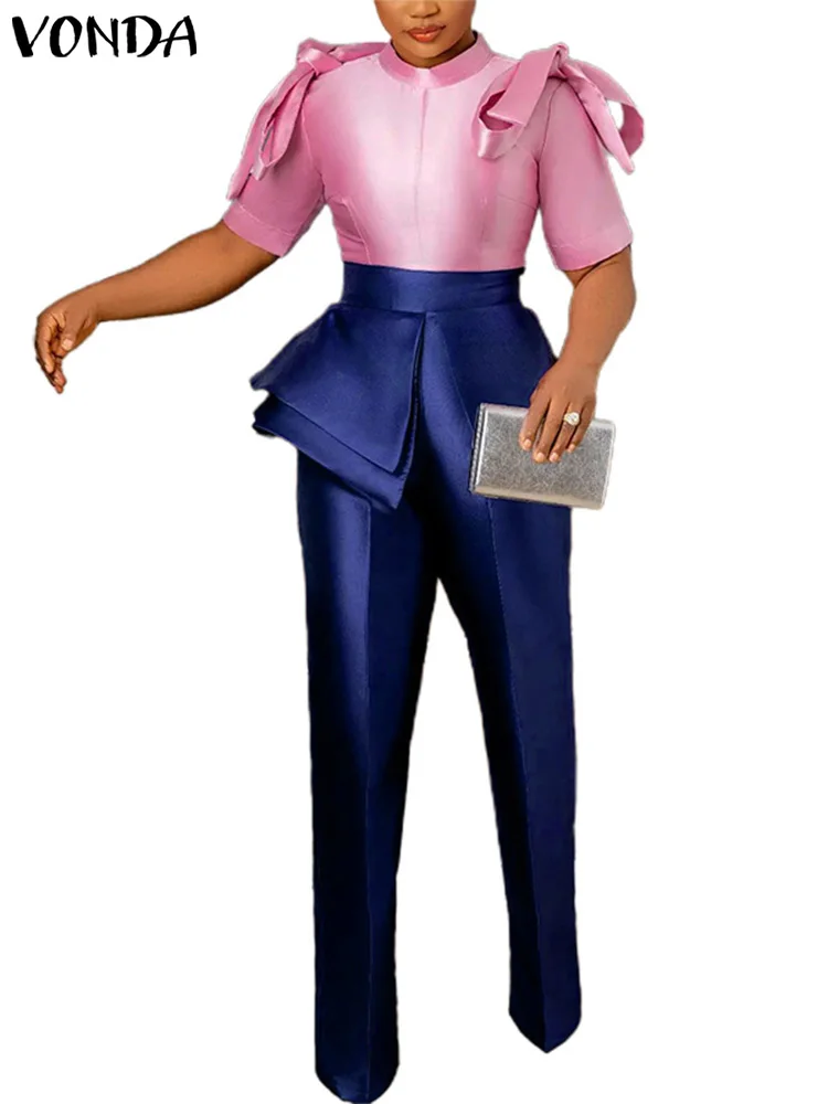 

VONDA Women Summer Jumpsuits Elegant Ruffled Overalls 2024 Short Sleeve Rompers Stand Collar Color Patchwork Party Pants