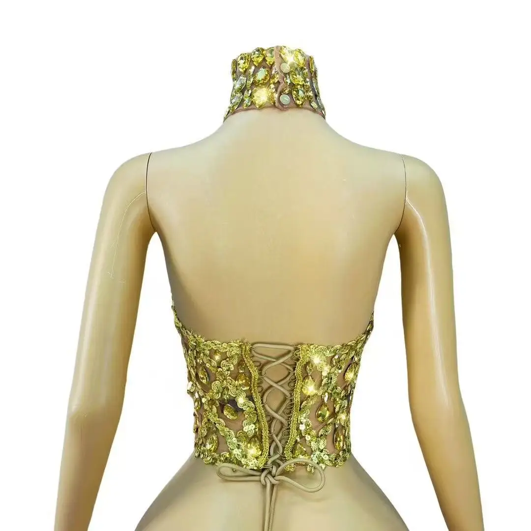 Sexy High Quality Blingbling Rhinestones Transparent Mesh Bandage Backless Tank Top Women Evening Show Stage Photoshoot Costume