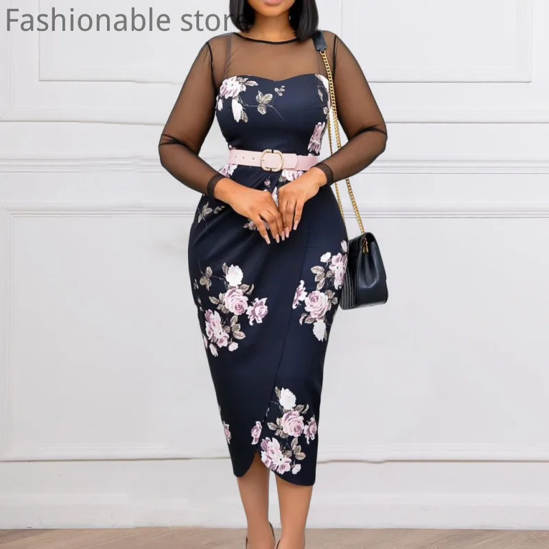 Women Slim Fit Print Mesh Patchwork Long Sleeve Back Zipper Pencil