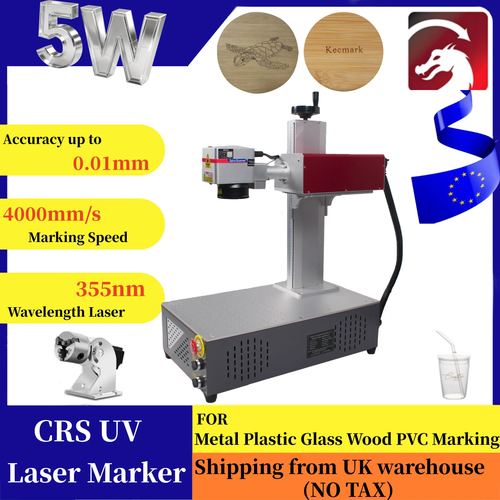 EU CRS Tragbare Luftgekühlte UV Automatische Lasermarkiermaschine 5W UV-Faserlaser-Graviermaschine für PVC Holz Acryl Metall