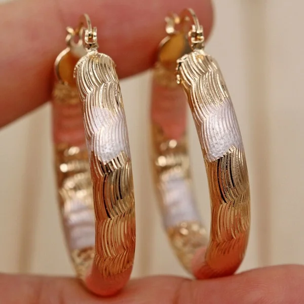 Gold color - Crude Tube Swirl Multilayer Circle 3-Color Plated Earrings - Image 3