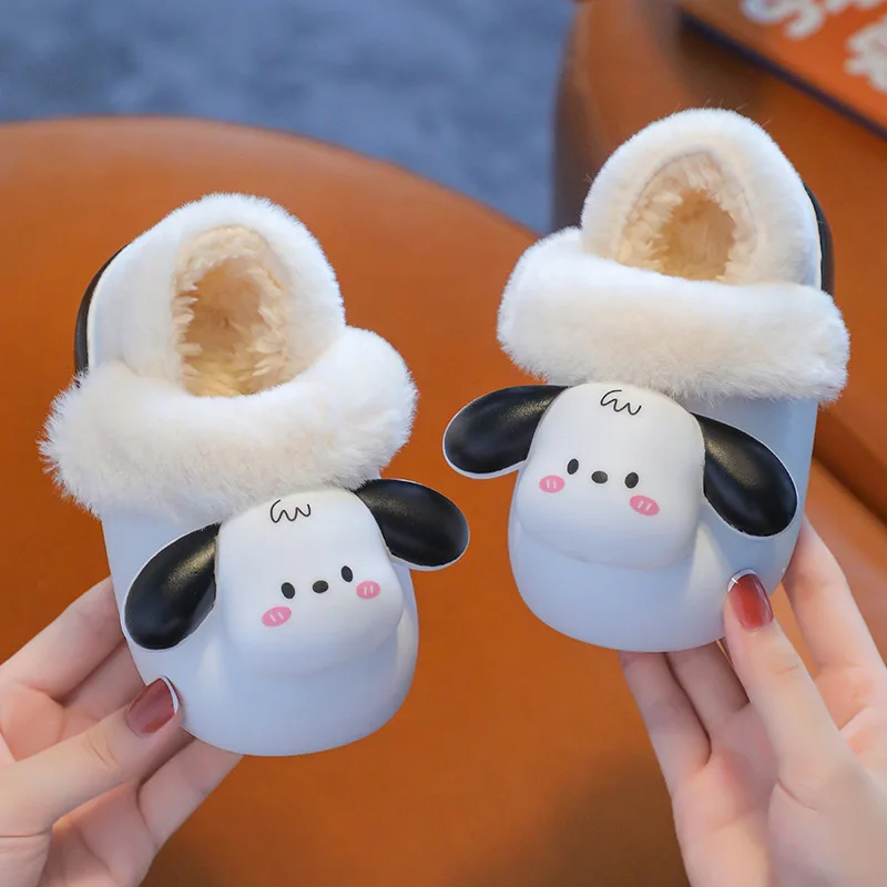 

2023 New Sanrio Pochacco Cartoon Children Baby Cotton Slippers Kawaii Winter Indoor Thickened Warm Plush Shoes Christmas Gifts