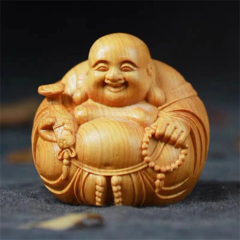 

Free Delivery Elaborate Wood Carving Good Fortune Wealth Maitreya Buddha Small Statue Wood Carving Handiwork Home Decoration