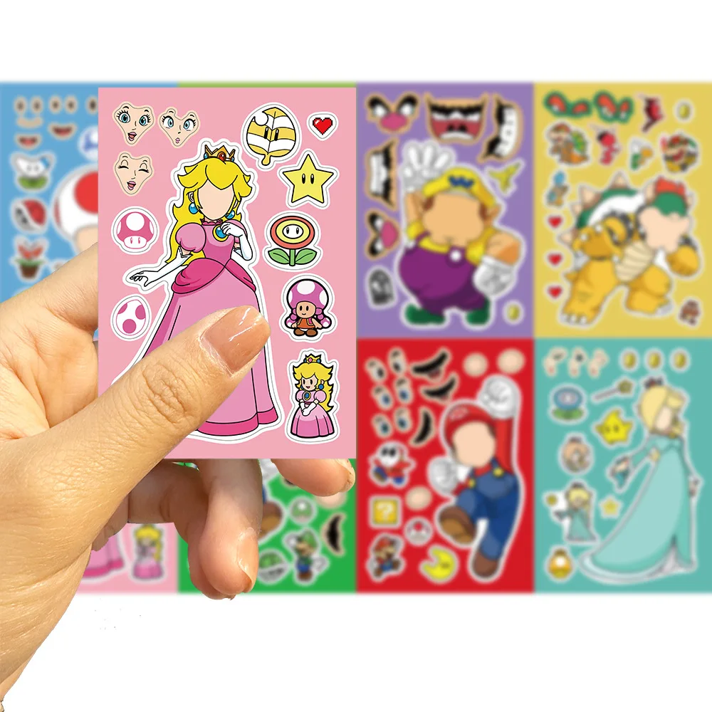 8 Sheets Anime Super Mario Bros Puzzle Stickers Game Kawaii Make A Face Stickers Cute Cartoon DIY Funny Sticker Toy Kids Gift 5