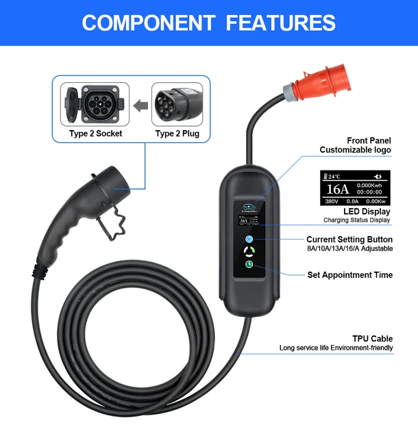Portable EV Charger 16A 11KW 3P Type 2 Wallbox Charging For Eletric Vehicle  Hybrid PHEV Cars With Cable 5M
