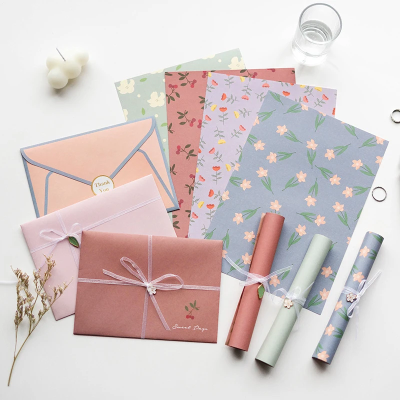 1set Cute Floral Envelopes Letter Paper DIY Postcard Wedding Party Invitation Card Letter Pads Stickers Korean Stationery Office