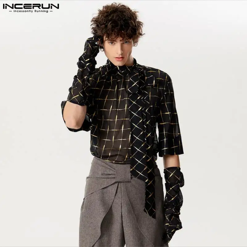 

Fashion Casual Style Tops INCERUN Handsome Men's Checkered Mesh Thimble Design Shirts Male Tie Collar Short Sleeved Blouse S-5XL