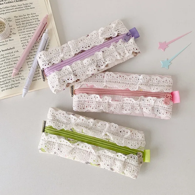 Astuccio in pizzo per studentessa con volant carino coreano trucco cancelleria organizer borsa portatile per il ritorno a scuola regalo Kawaii - immagine 3