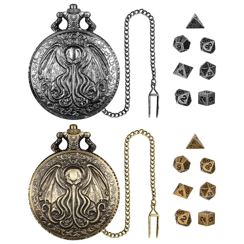 7 Teile/satz Mini Metall Polyedrische Würfel für Tisch Bord Rolle Spielen Spiel mit Retro Octopus Flügel Taschenuhr Fall Anhänger kette – Detail 3