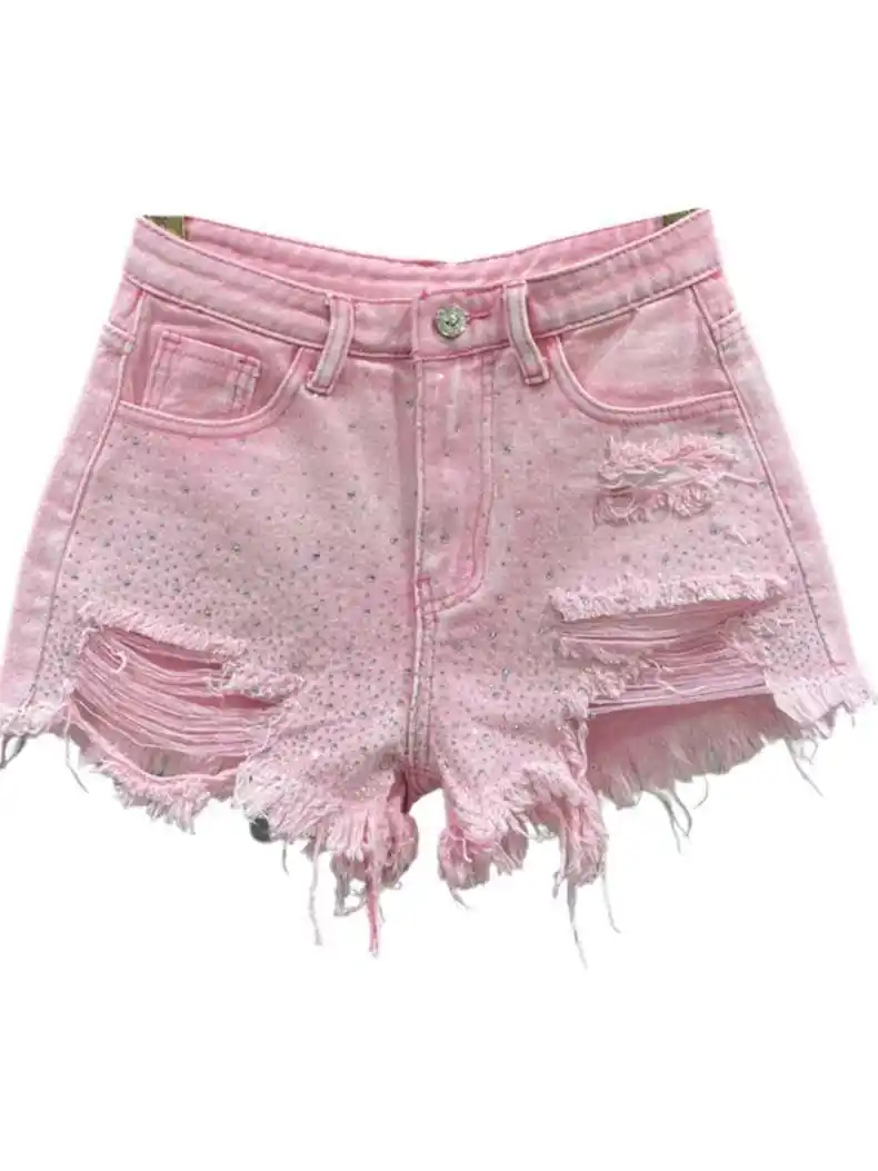 

Fashion Rhinestone Diamond Denim Shorts for Women 2024 New High Waist Ripped Holes Shorts Jeans Female Street Wide Leg Shorts