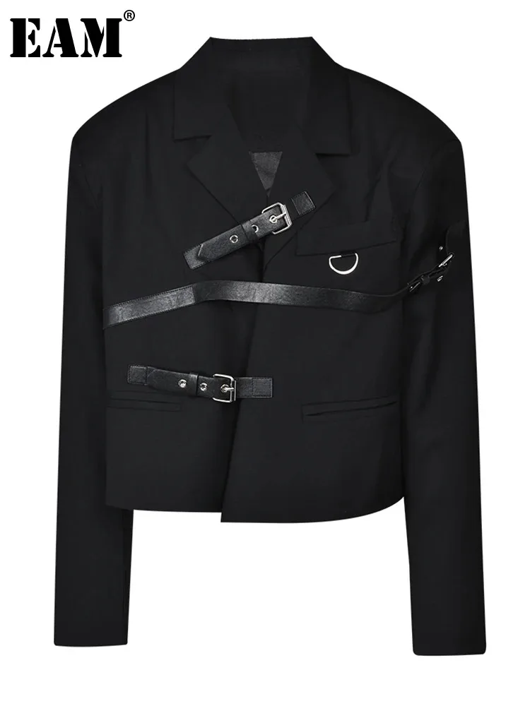 

[EAM] Women Black Leather Buckle Big Size Blazer New Lapel Long Sleeve Loose Fit Jacket Fashion Tide Spring Autumn 2024 1DF8384