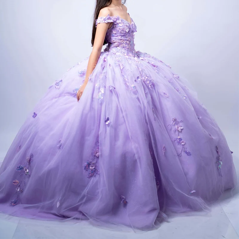 

Lavender Quinceanera Dress Off the Shoulder Butterfly Lace Applique Tull Long Prom Party Gowns Vestido De 15 Años Quinceanera