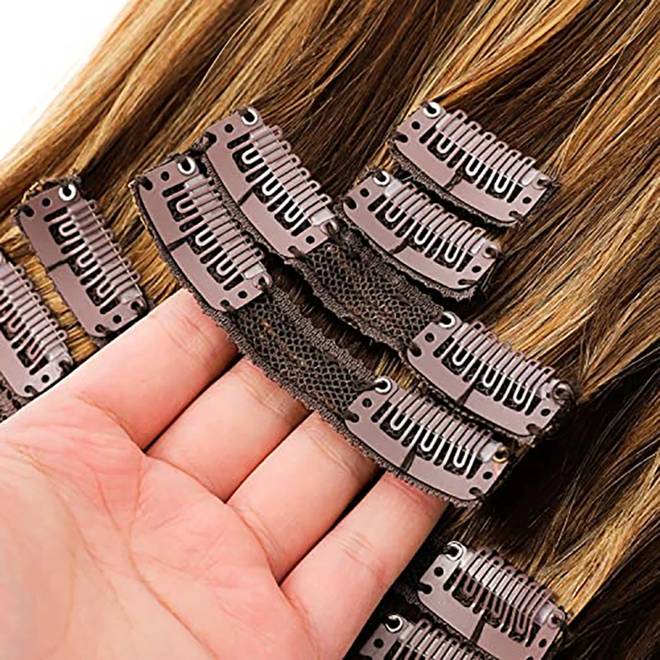 Straight Hair Clip In Human Hair Extensions Real Human #4/27 Brown Highlights Blonde Clip Ins Remy For Women 120G