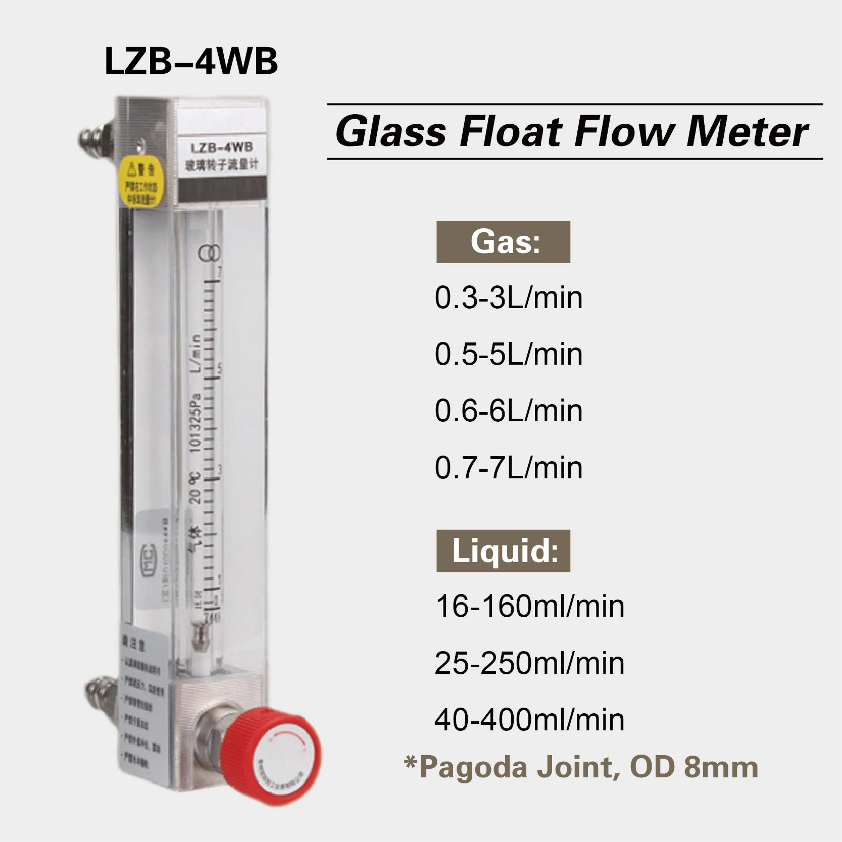 LZB-4WB Glass Tube Flow Meter Rotameter for Gas Liquid Air Water Oxygen Nitrogen Adjustable