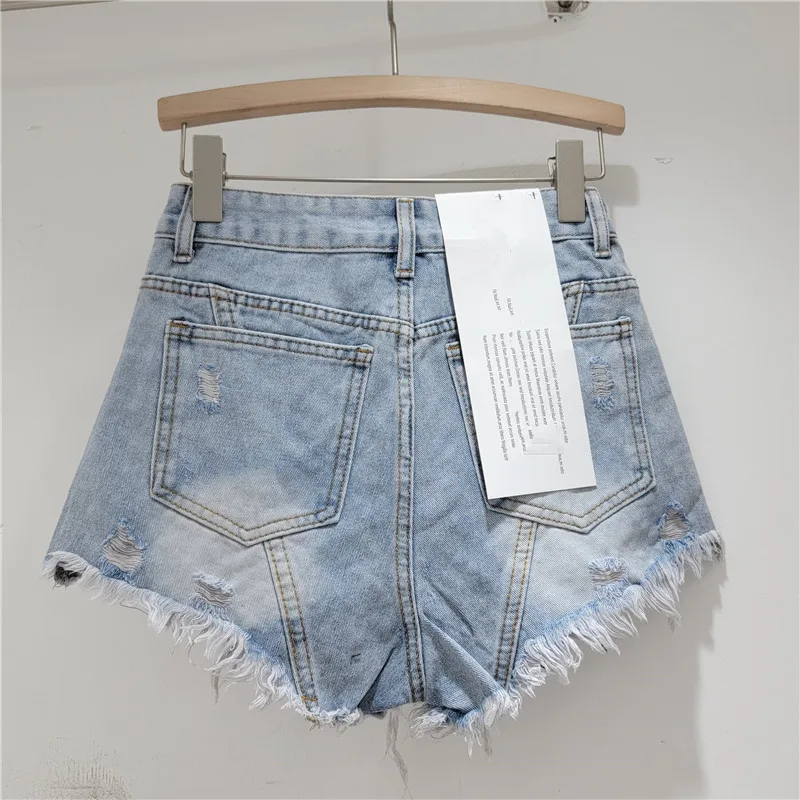 Heavy Embroidery Diamond Drills Denim Shorts Women's 2024 Summer High Waist Slimming Hot Girl Ripped Raw Hem Wide Legs Hot Pants