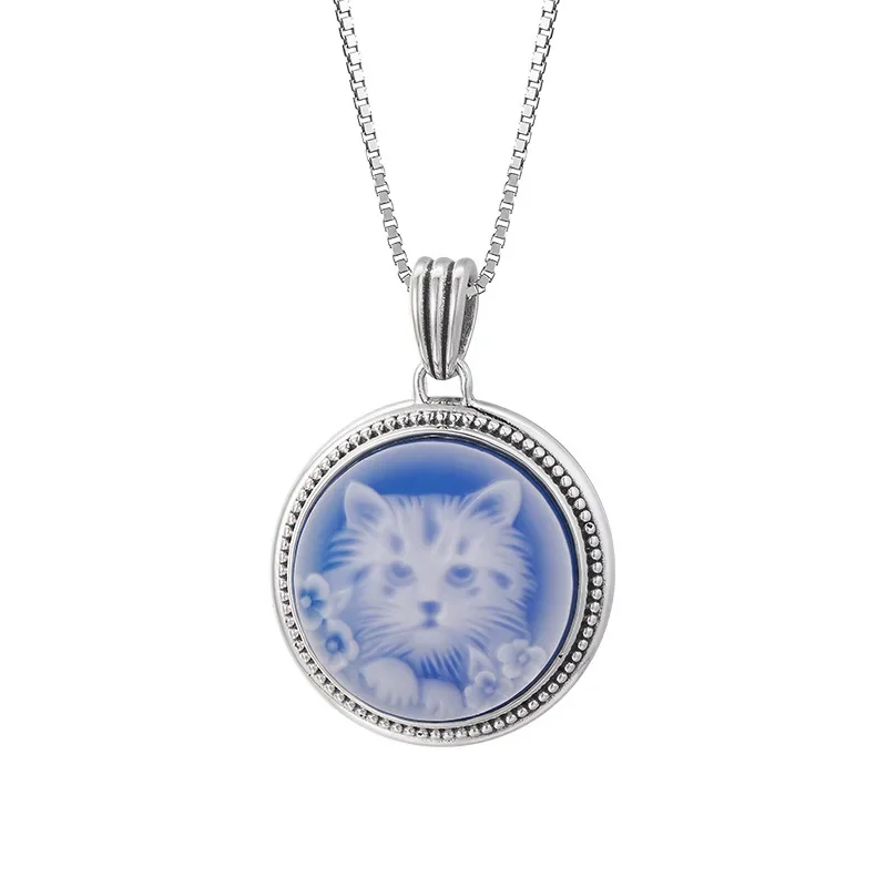S925 sterling silver charms pendants for women men new fashion simple blue agate cartoon kitten round jewelry free shipping