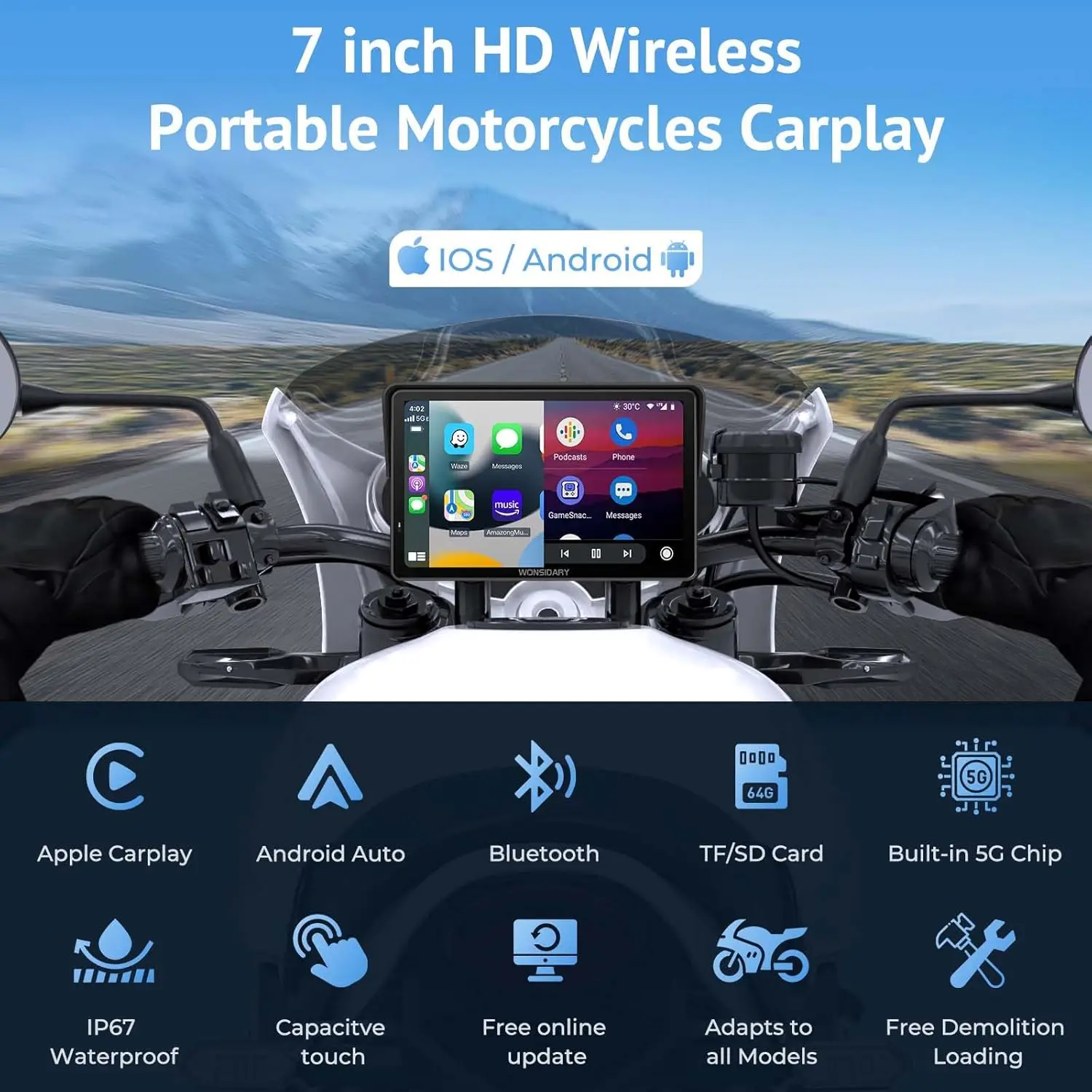 Universal 7 inch Motorcycle Navigation Wireless Android Auto CarPlay IPX7 Waterproof Screen Motorcycles GPS Motor Accessories