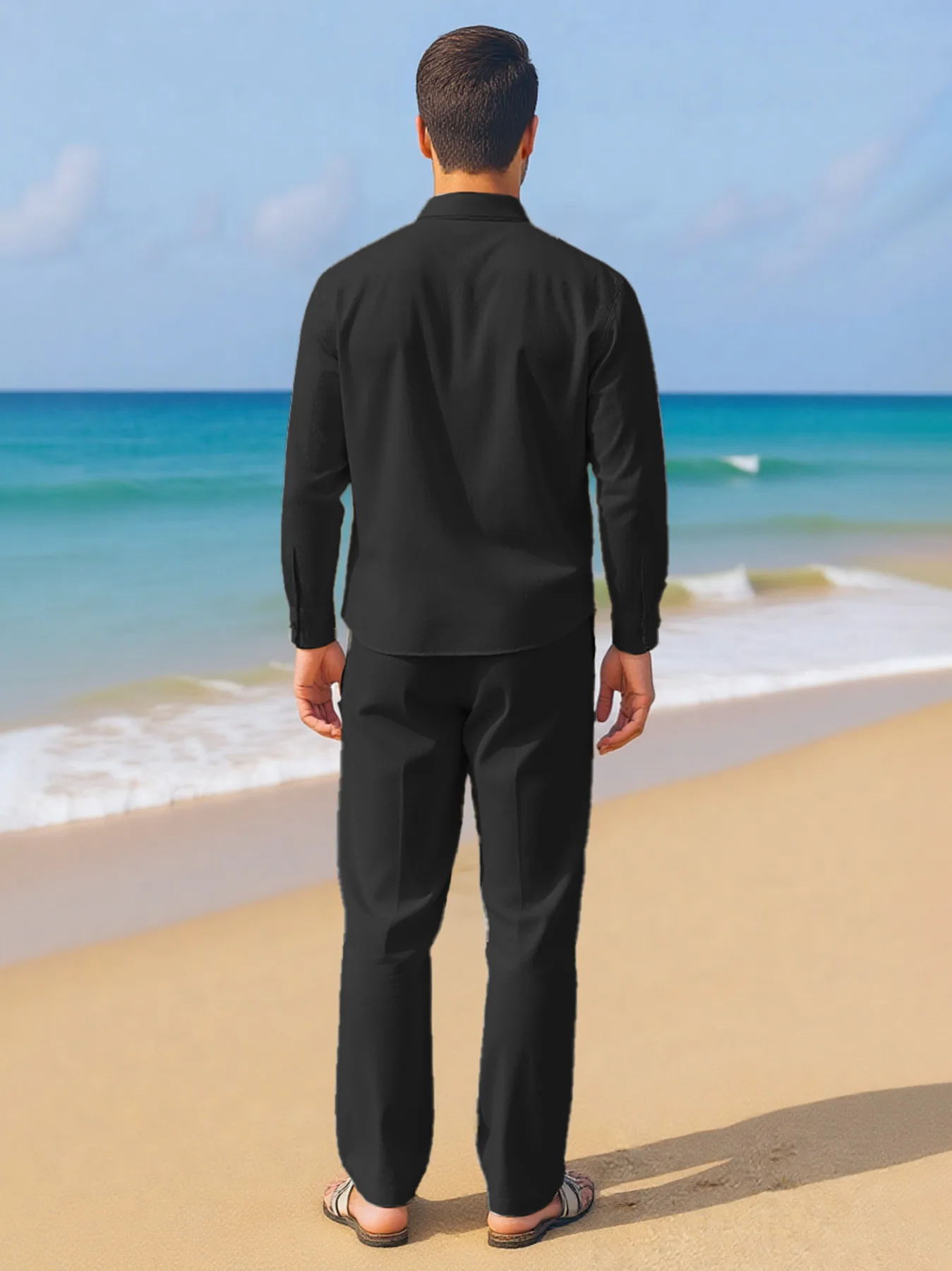 Herren Sommer Leinen Einfarbiges Stehkragen-Hemd und Hose mit Kordelzug Set Sportliches Dünnes Freizeit-Outfit mit Langen Ärmeln in Übergröße – Detail 12