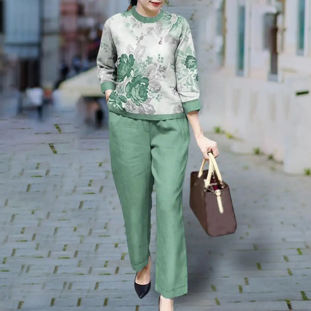

2 Pcs/Set Women T-shirt Pants Set Flower Print Three Quarter Sleeves Round Neck Loose Pockets Wide Legs Spring Top Trousers Suit