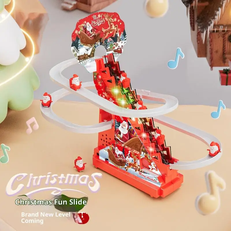 1Set Christmas Santa Snowman Electric Coaster Toy -Light & Music Stair Slide Track Activity Holiday Decoration for Boys Girls